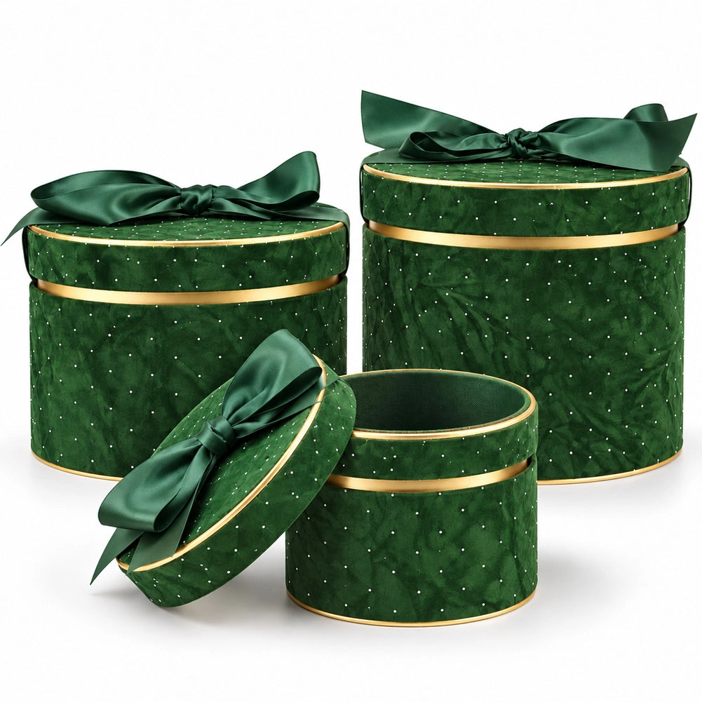 Set 3 Scatole Tonde Decorazione Natalizia Verde 16/20/25cm Scatola con Fiocco