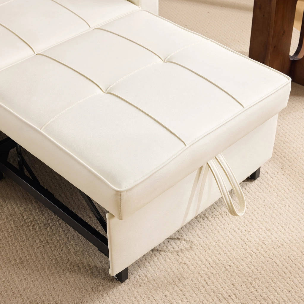 Poltrona letto estraibile 3 in 1 con schienale regolabile, portabicchieri e tasca laterale in ecopelle bianca