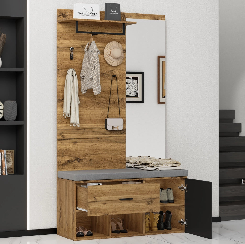 Set guardaroba 190 cm in effetto legno con specchio, panca imbottita 104 x 39 cm, armadietto scarpe, cassetto, mensola e appendiabiti
