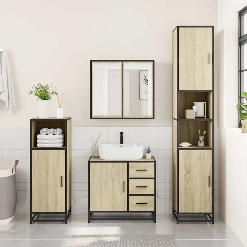 Set Mobili da Bagno | Armadio da bagno 3 pz Rovere Sonoma in Legno Multistrato