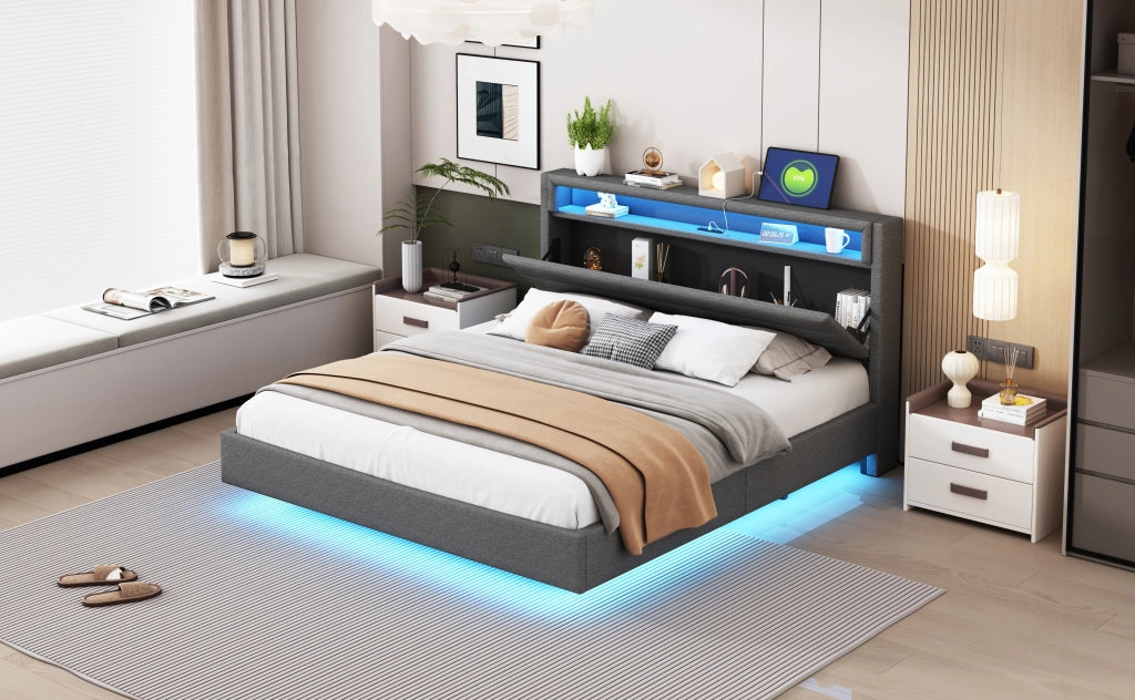 DESMIU Lit adulte 160 × 200 cm con USB, LED, testiera reversibile e piedi nascosti, senza materasso, grigio