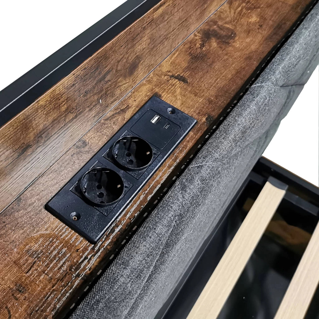 Letto matrimoniale 140 × 190 cm 2 posti; contenitore idraulico; LED regolabile e USB Type-C; senza materasso; nero