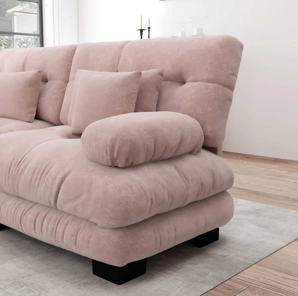 Divano modulare in ciniglia rosa con ottomane mobili; 313×145×81 cm