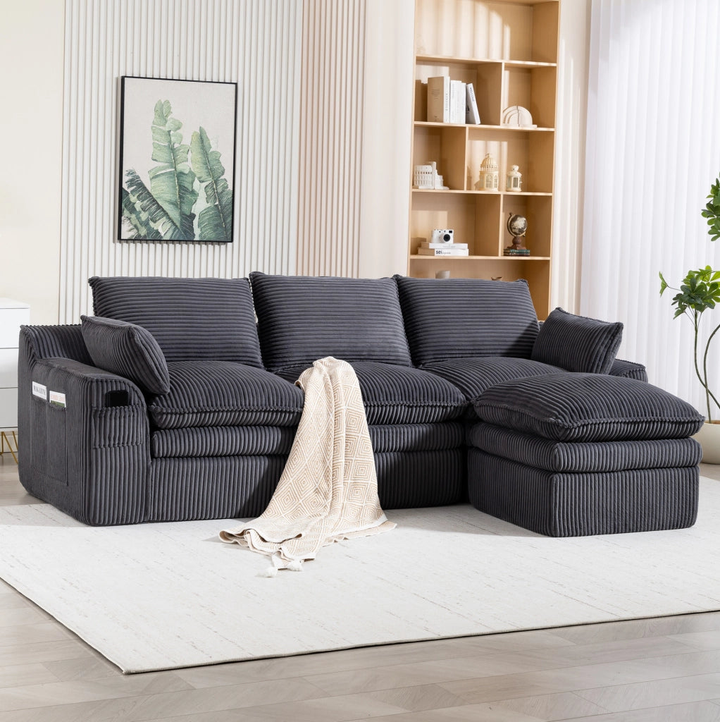 Divano modulare 3 posti in velluto a coste con pouf, cuscini e doppie tasche laterali, schiuma a 3 strati con molle per rapido ritorno elastico, colore grigio scuro, 263x167x85 cm