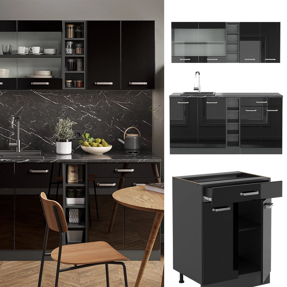 Vicco Cucina monoblocco Nero lucido/antracite 160 cm Senza piano di lavoro