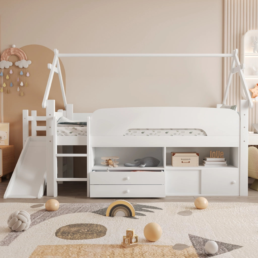 letto bambini massello legno mdf bianco 252.5 x 118 cm