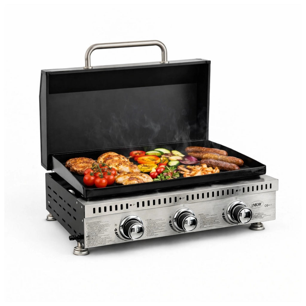 Barbecue Plancha a Gas Con Coperchio Portatile a 3 Bruciatori da 9 KW in Acciaio Inox, Griglia BBQ a Gas Propano da Tavolo con Vaschetta Raccogli Grasso, Regolatore, per Giardino Balcone Campeggio Picnic, Nero