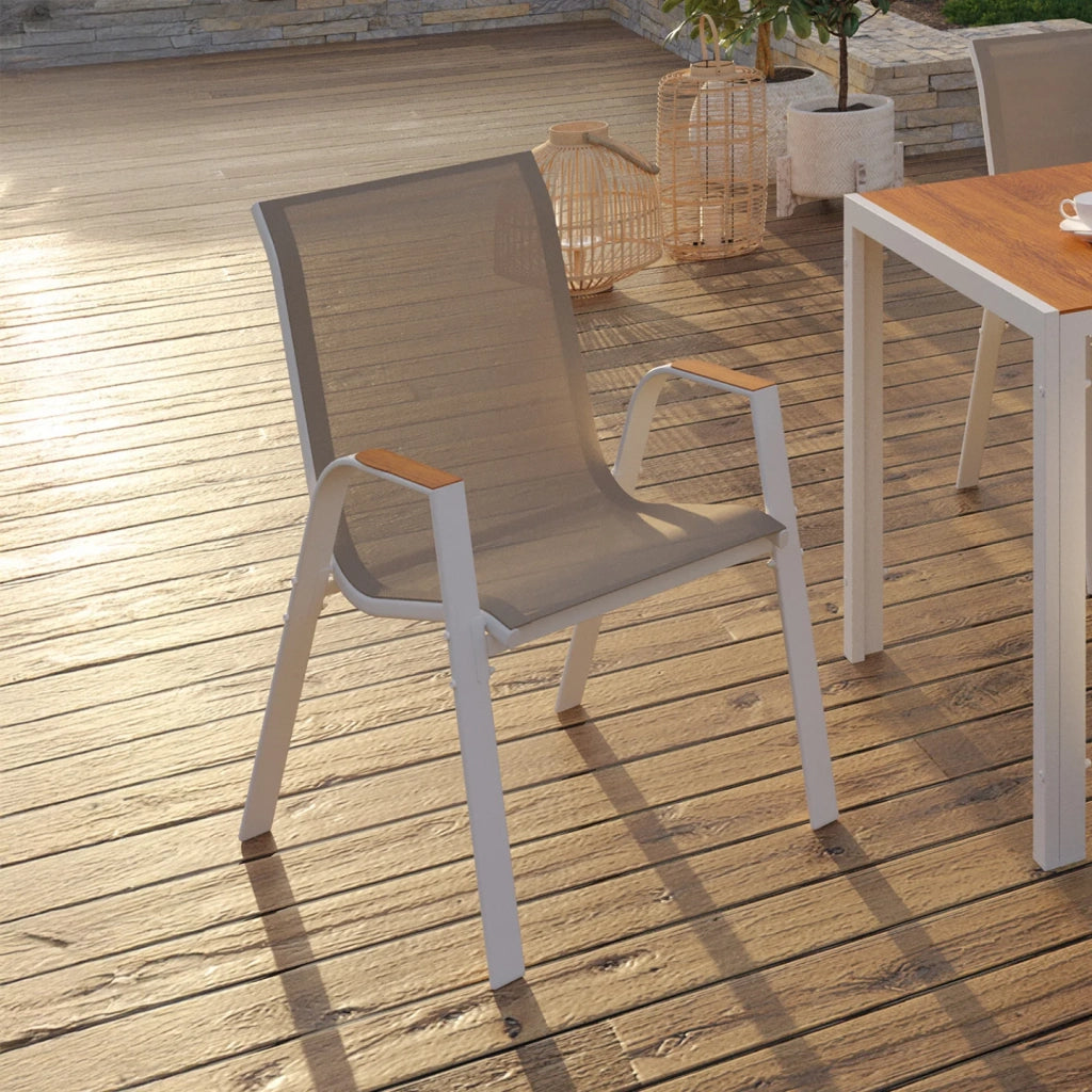 IDMarket - Set di 6 sedie da giardino impilabili NOUMEA in metallo e textilene, bianco e legno