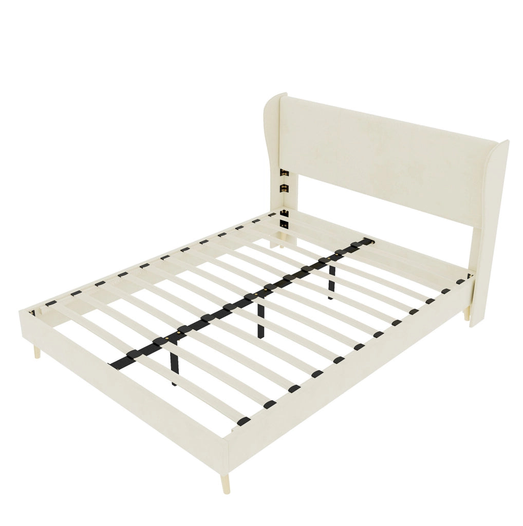 Letto imbottito ULEVR 140x200 cm con testiera e schienale in tessuto beige, struttura in metallo