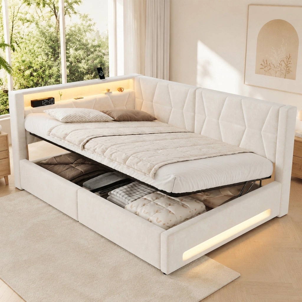 Letto contenitore matrimoniale 140 × 200 cm con vano idraulico, LED, USB e Type-C, senza materasso, beige
