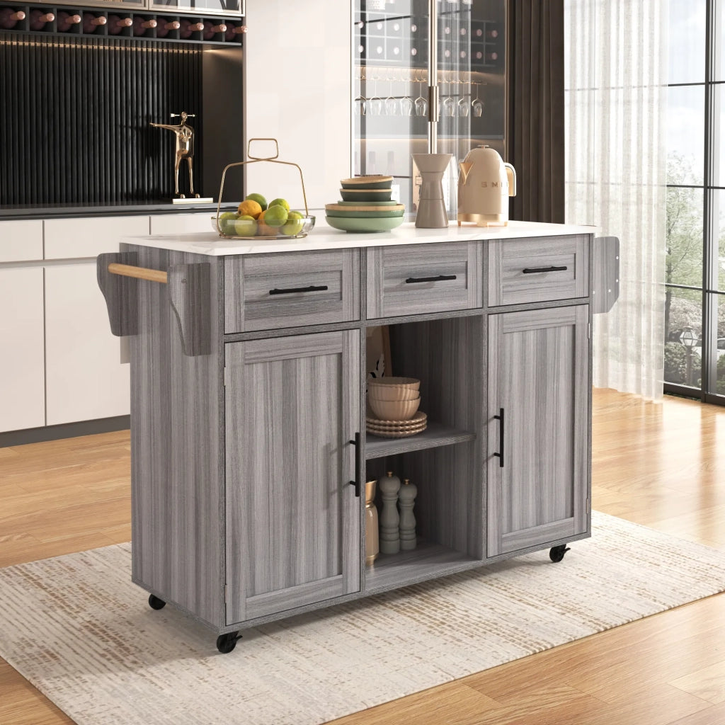 Carrello da servizio 139x46(71)x91,5 cm, corpo in impiallacciatura di legno massello grigio, piano in decorazione marmo bianco, ante ripostiglio