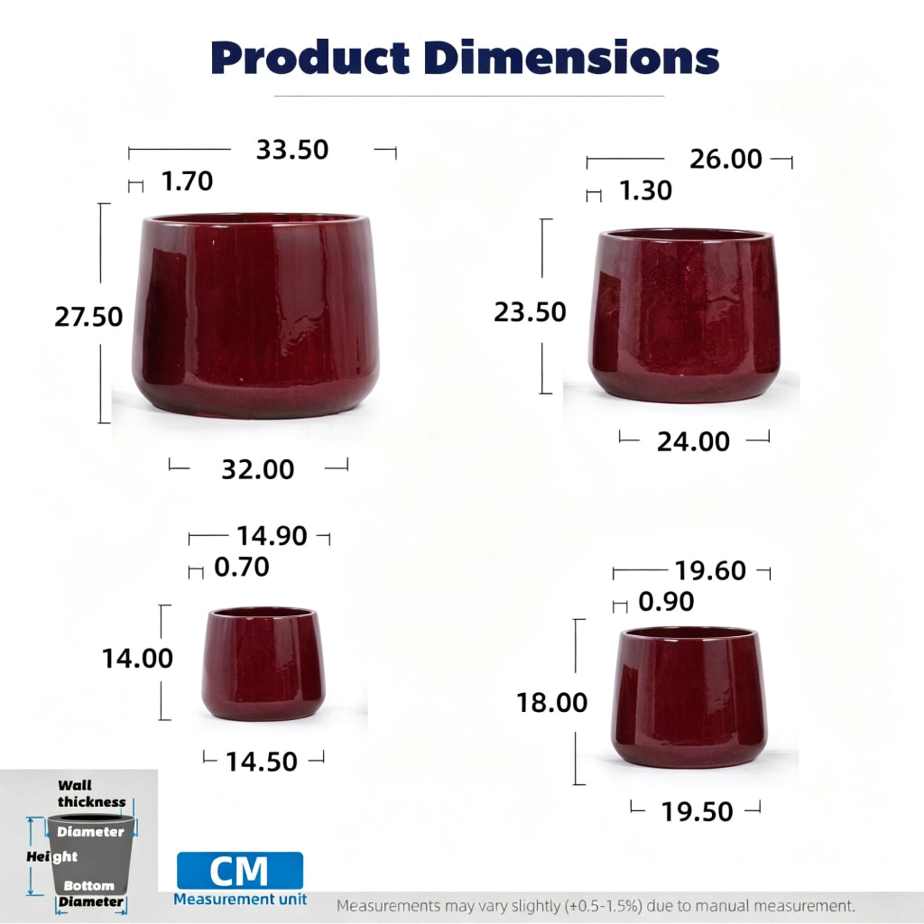 Vasi da fiori set di 4 in ceramica con foro di drenaggio smaltati rosso lucido per interno balcone e giardino