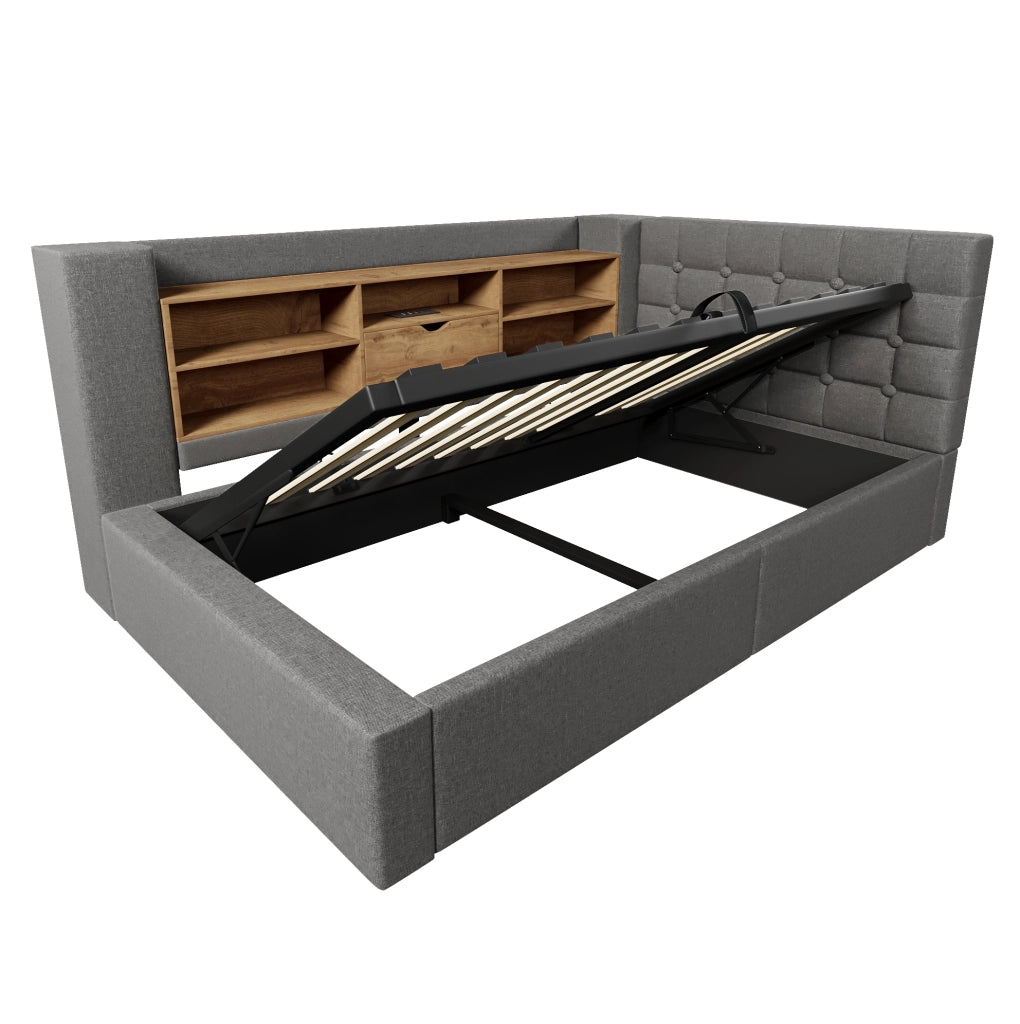 Letto singolo imbottito 90x200 cm con spazio contenitivo, illuminazione LED e materasso H3 a 7 zone