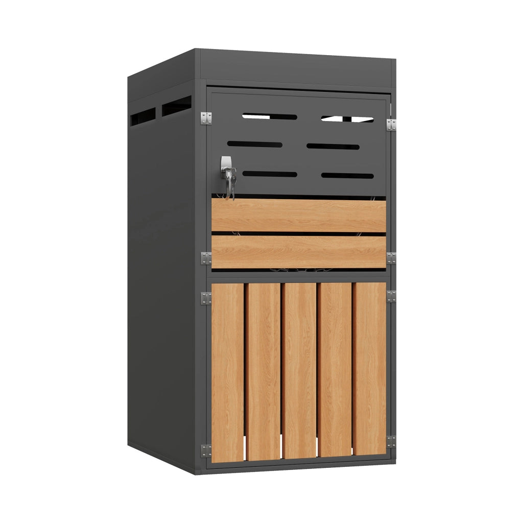 Armadio da esterno multifunzione in acciaio zincato con fioriera integrata, serratura e ventilazione a lamelle – senza contenitore per rifiuti, 66x80x128 cm
