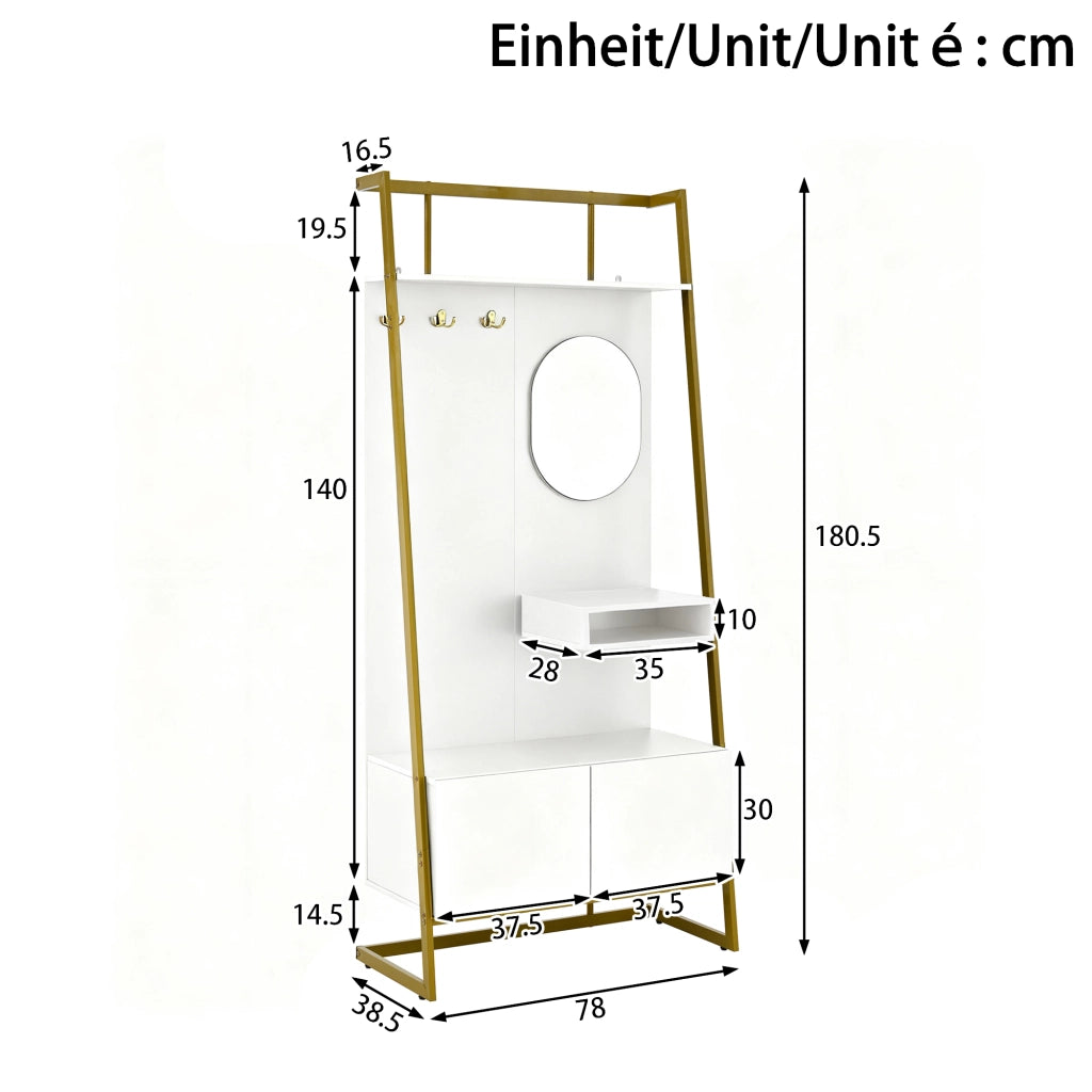 ARMADIO ingresso con specchio e ganci 78 x 38,5 x 180,5 cm MDF bianco