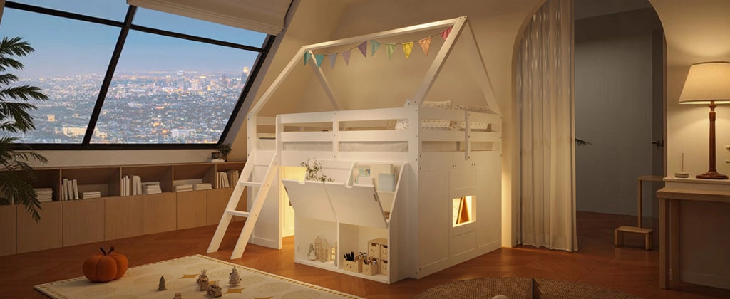Letto a soppalco per bambini 140 × 200 cm con scala, LED, contenitori e tasche, senza materasso, bianco
