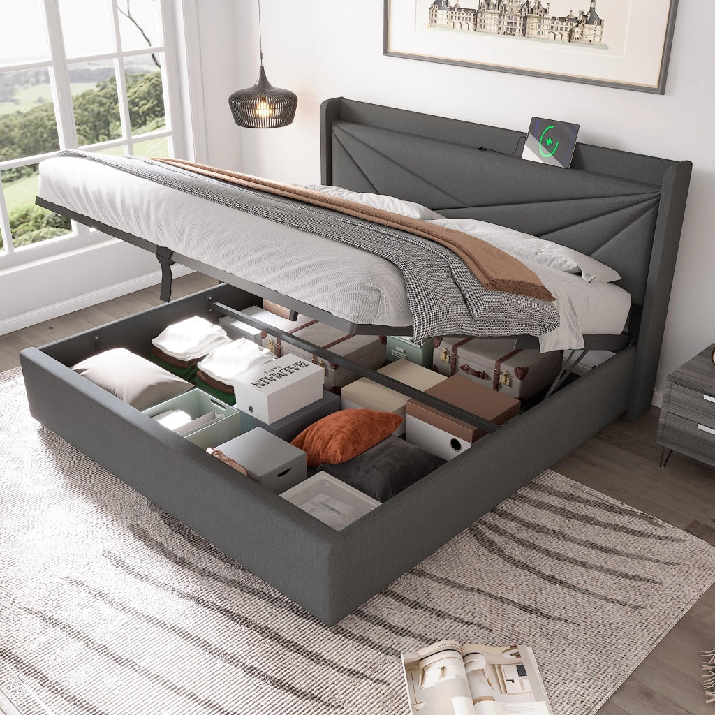 Letto matrimoniale contenitore 180x200 grigio con testiera USB e Tipo C