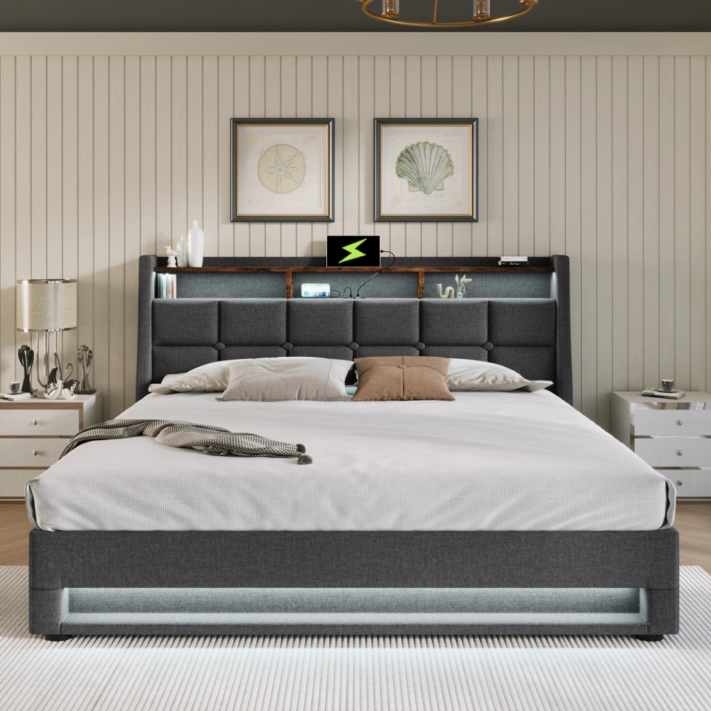 Letto imbottito 140 × 200 cm con contenitore LED USB in tessuto di lino grigio con rete a doghe