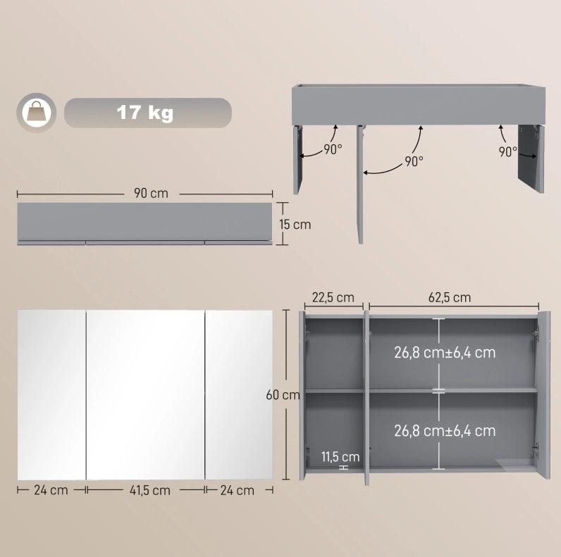 Armadio Specchio da Parete per Bagno con 3 Ante e Ripiani Regolabili, MDF Grigio, 90x15x60 cm