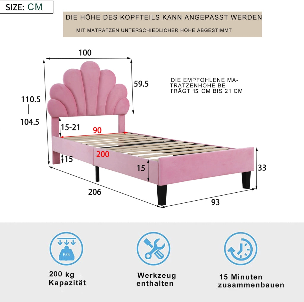 Letto imbottito rosa 90 x 200 cm con testiera a fiore e rete a doghe