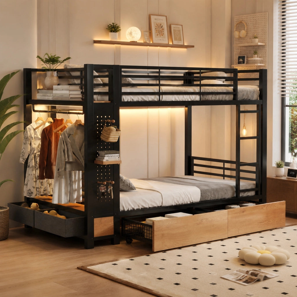 Letto a castello 90 × 200 cm con LED; cassetti; ripiani e barra appendiabiti in metallo e MDF nero