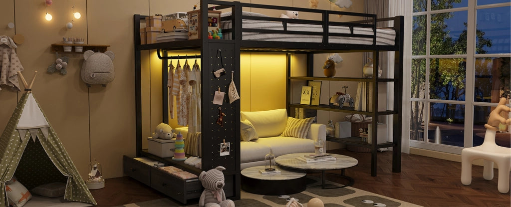 Letto a soppalco in metallo 140x200 nero con armadio aperto, ripiani, pannello forato e illuminazione LED