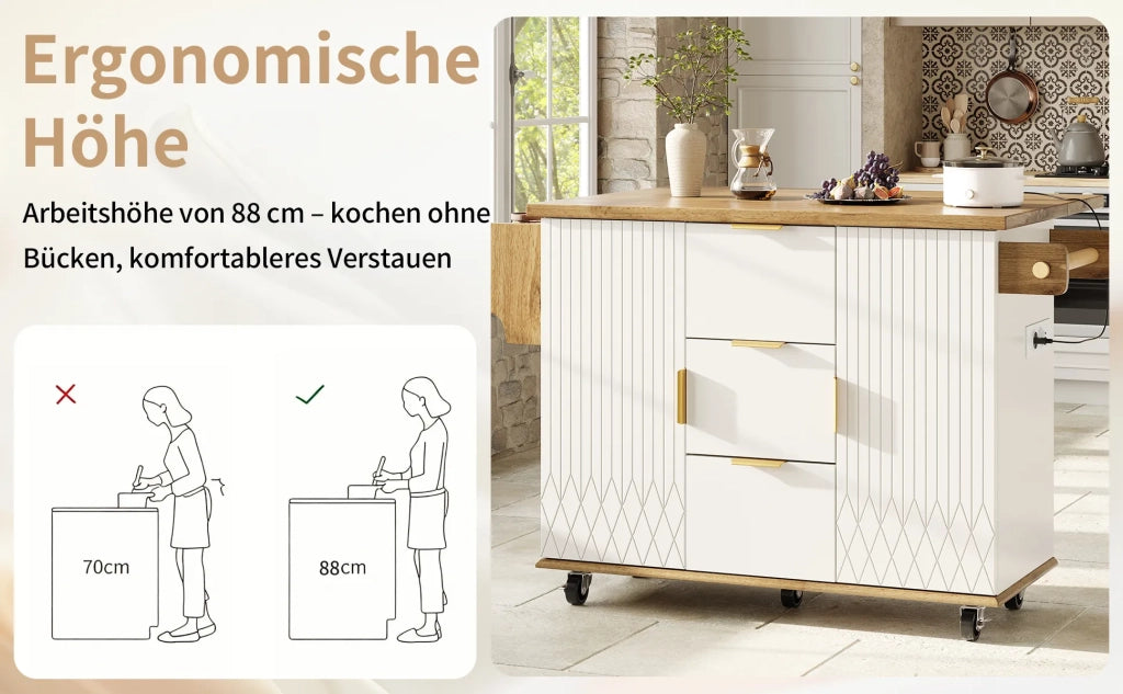 Carrello da cucina con piano di lavoro pieghevole e presa elettrica, mobile isola su ruote, bianco effetto legno, portata 70 kg