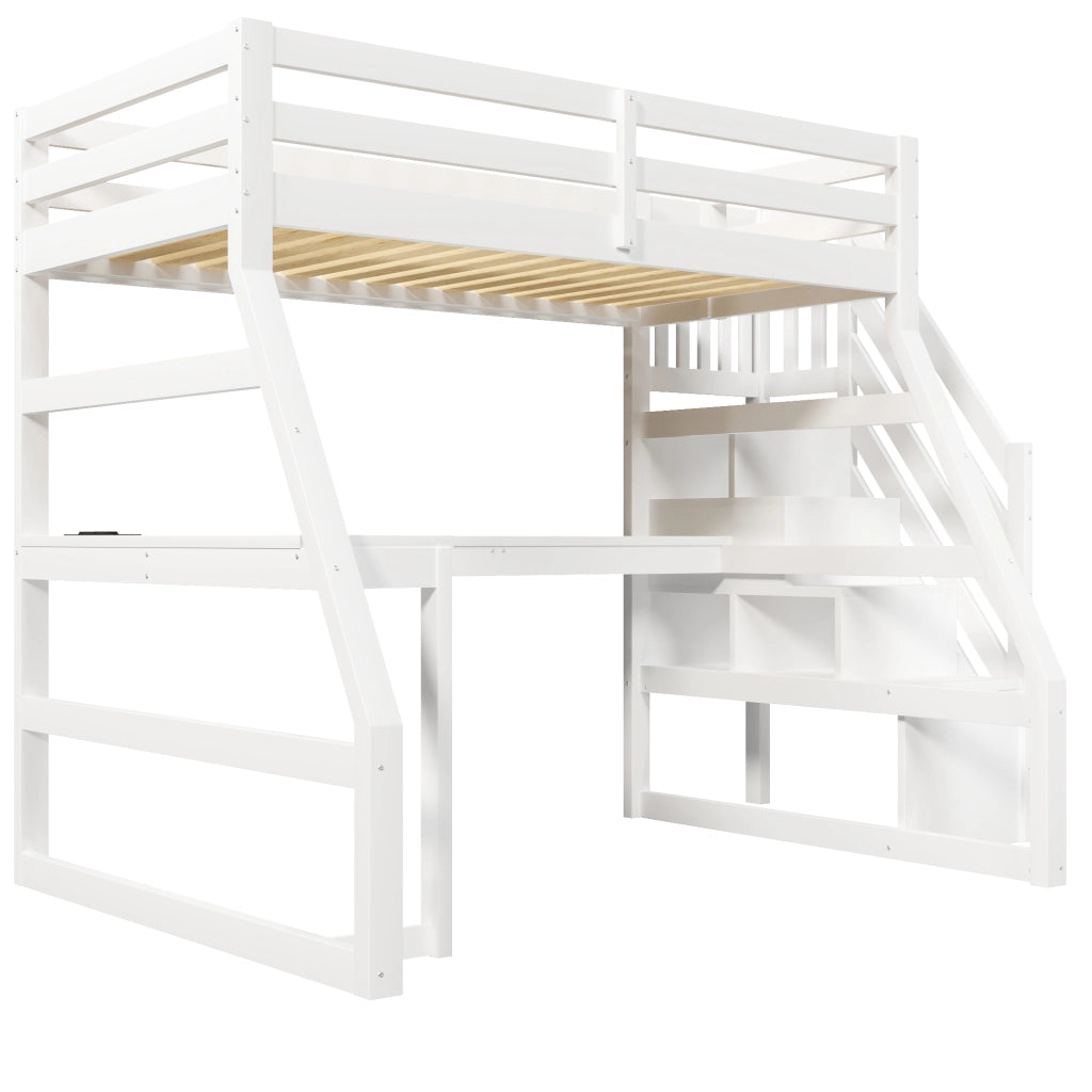 Letto a soppalco 90x200 con scrivania; bianco; scala contenitore e luci LED