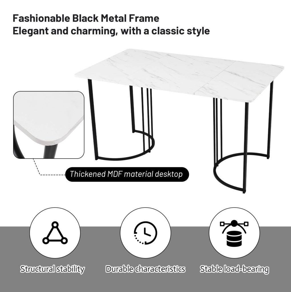 Tavolo da pranzo rettangolare 140x80 cm con piano in MDF effetto marmo e struttura in metallo regolabile, bianco/nero