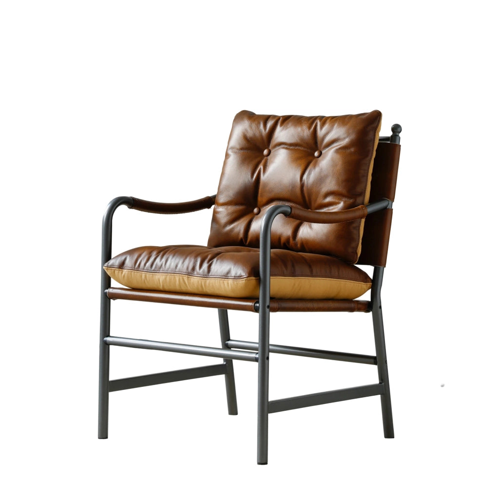 Poltrona in Pelle Stile Mid Century con Struttura in Metallo Nero per Soggiorno e Camera