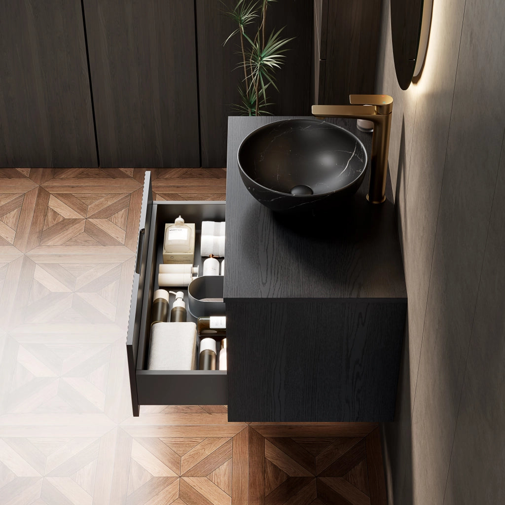 Mobile bagno sospeso con 1 cassetto e 1 vano aperto; lavabo in ceramica; LED con sensore e chiusura ammortizzata; nero 80×46×60.8 cm