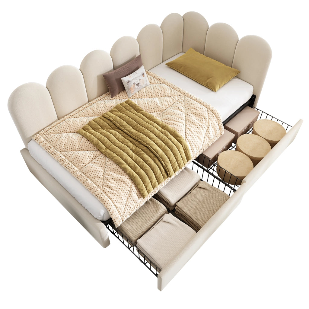 Letto singolo imbottito 90 ¡Á 190 cm con due cassetti in velluto beige con rete a doghe e sponde intercambiabili