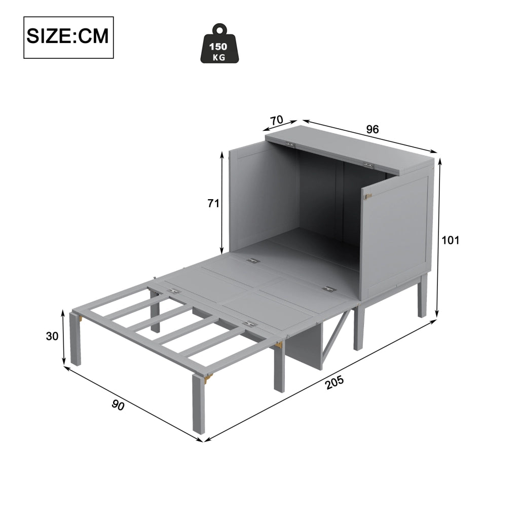 Letto a scomparsa verticale 90x200 cm salvaspazio con vani inferiori; grigio