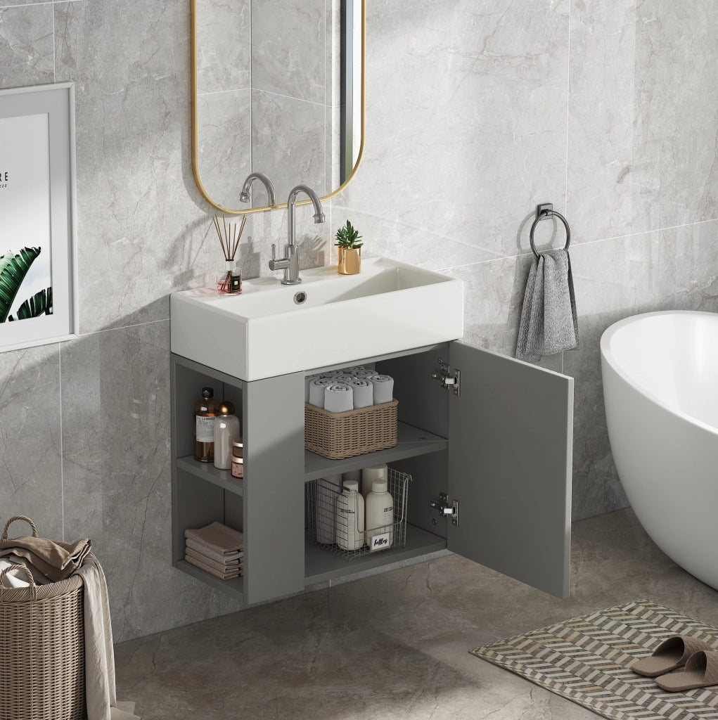 Mobile bagno compatto con lavabo in ceramica grigio e bianco