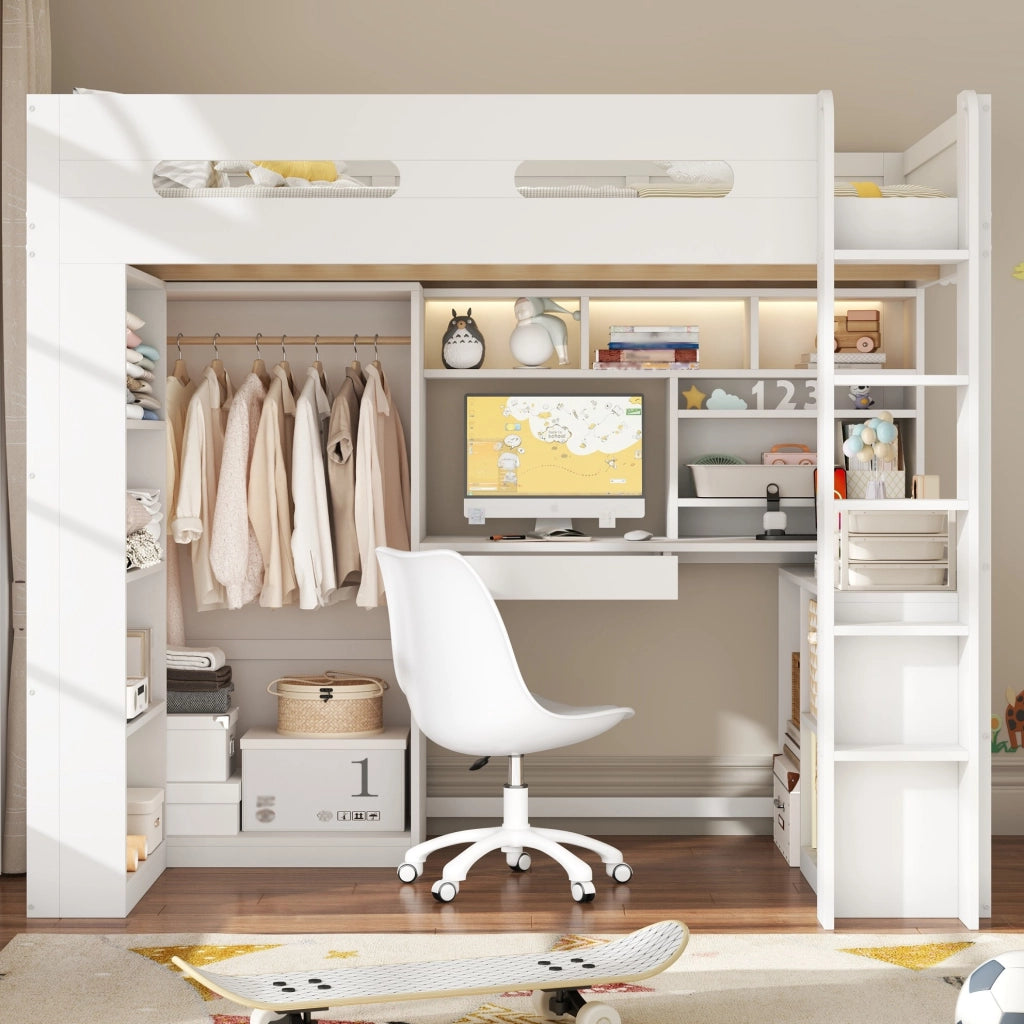 Letto a soppalco 90x200 cm in legno e MDF bianco con scrivania LED