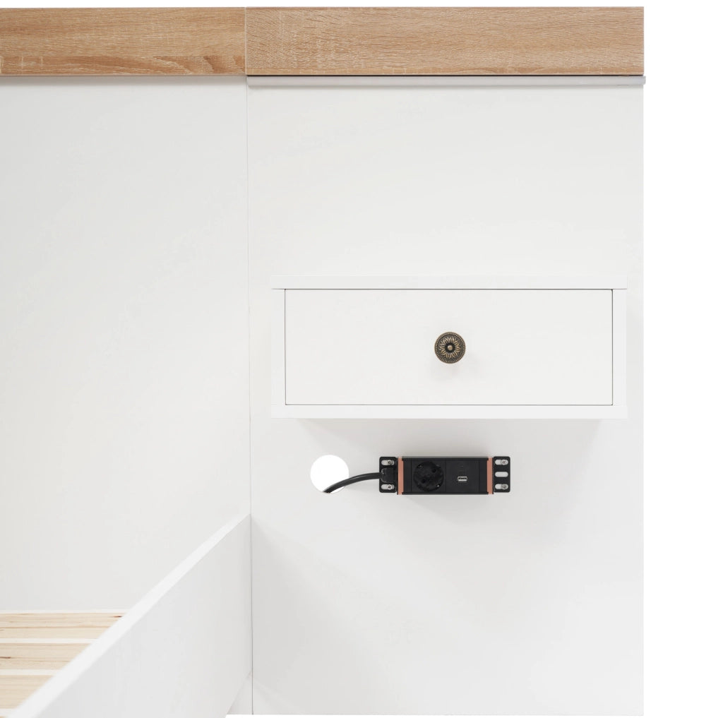 Letto 140x200 cm con 2 comodini LED, USB e USB-C in legno ingegnerizzato bianco e rovere Sonoma