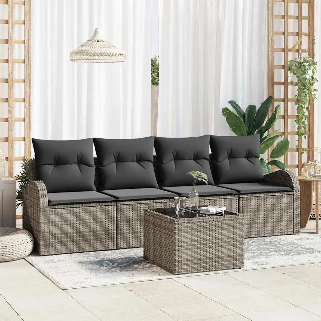 Set Divano da Giardino 5 pcs Grigio Polyrattan, Acciaio e Vetro