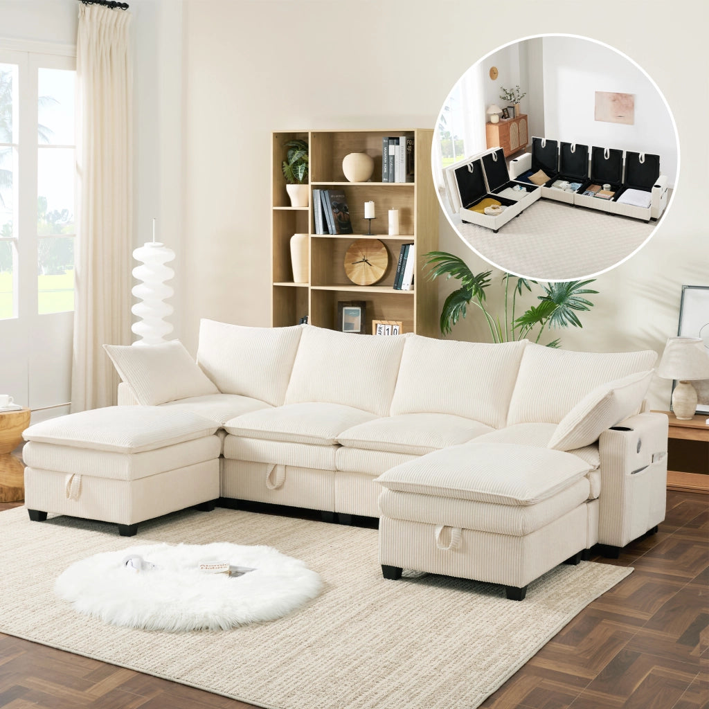 Divano modulare 5-6 posti con USB, contenitori e rivestimento in velluto a coste beige