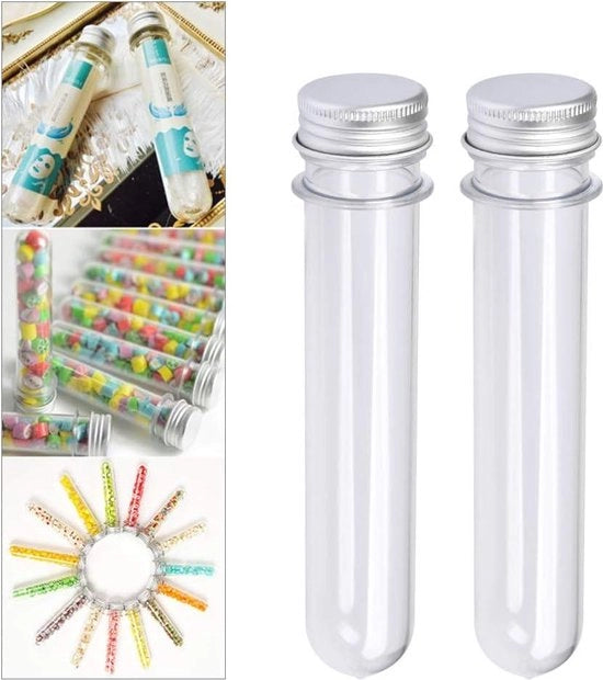 Bocchini di plastica per reazione con chiusura - 15 pezzi - 40 ml - trasparente - coperchi in alluminio a vite - 140 x 25 mm - per matrimoni - battesimi - nascite - perle - M&M - polvere - fai da te