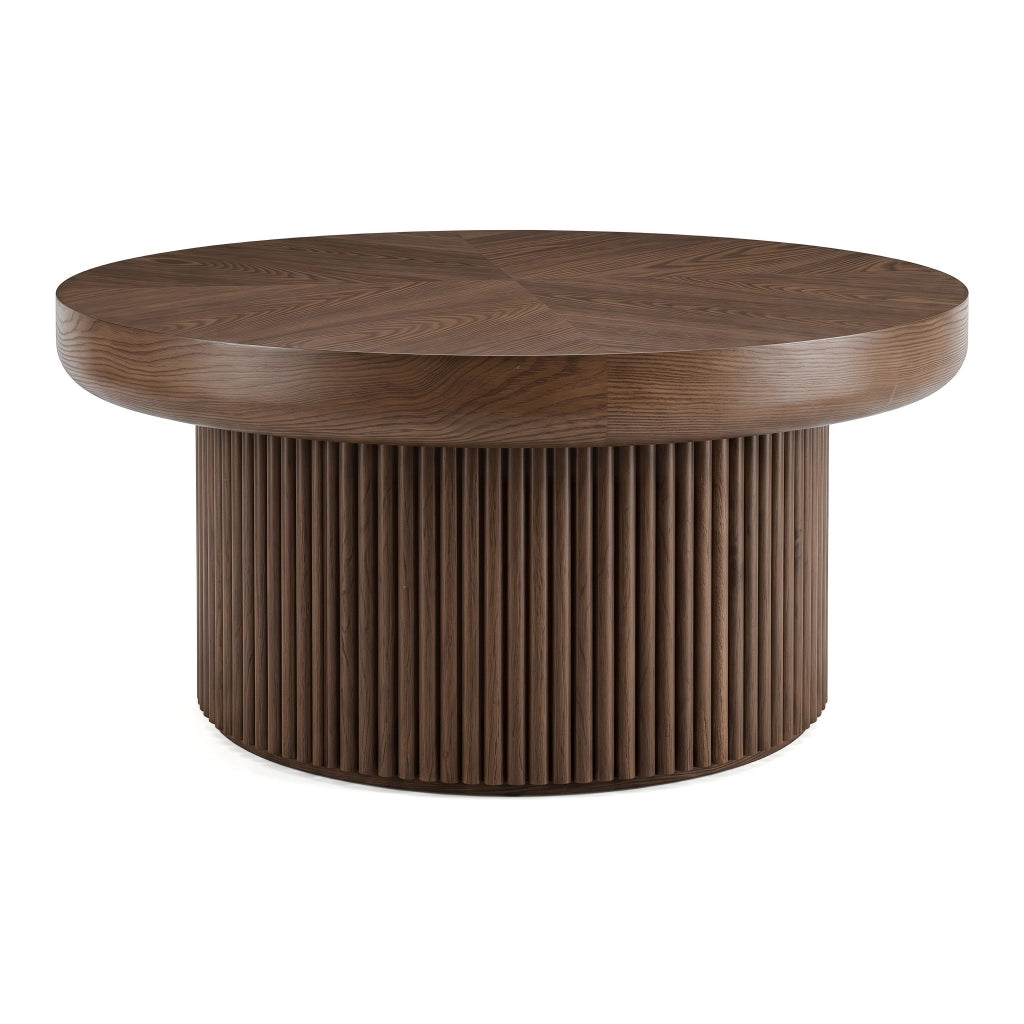 Desviae Tavolino basso rotondo con piano a motivo parquet in legno base cilindrica scanalata finitura noce 78 cm