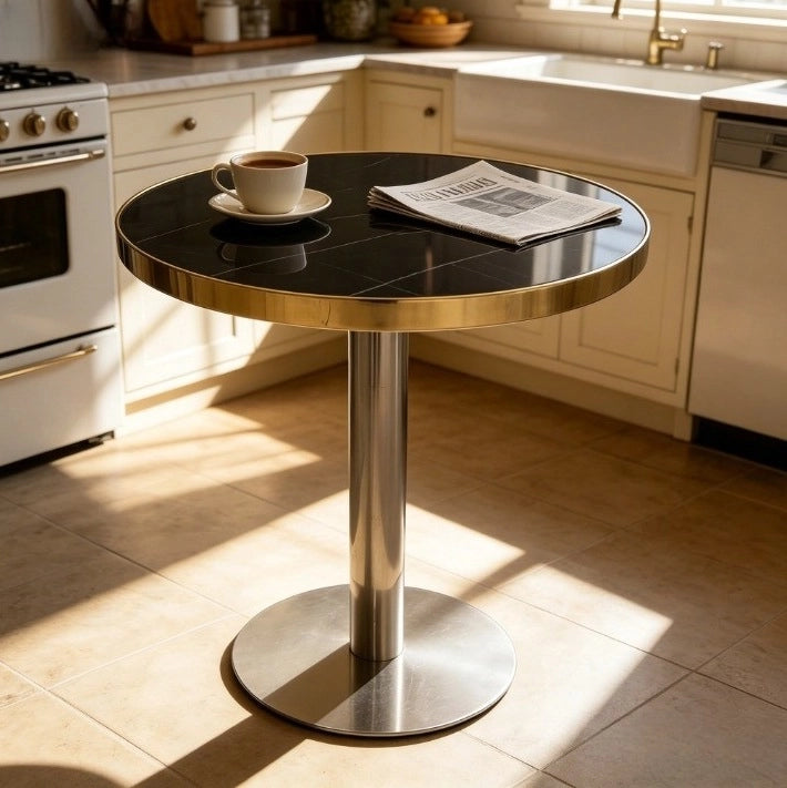 Tavolino rotondo 60 cm in MDF nero effetto marmo, struttura dorata per soggiorno