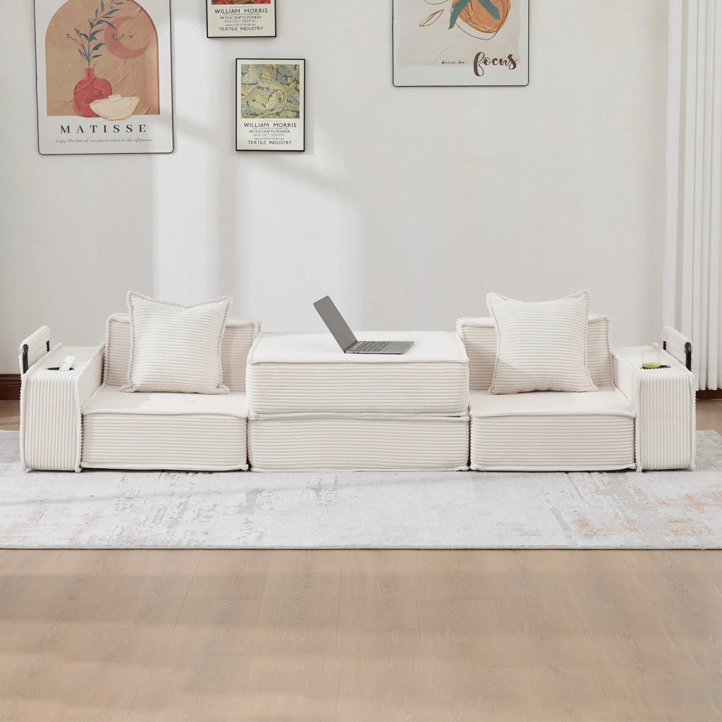 Divano modulare basso in velluto a coste beige con 2 cuscini e tasche laterali 162 × 78 × 66 cm
