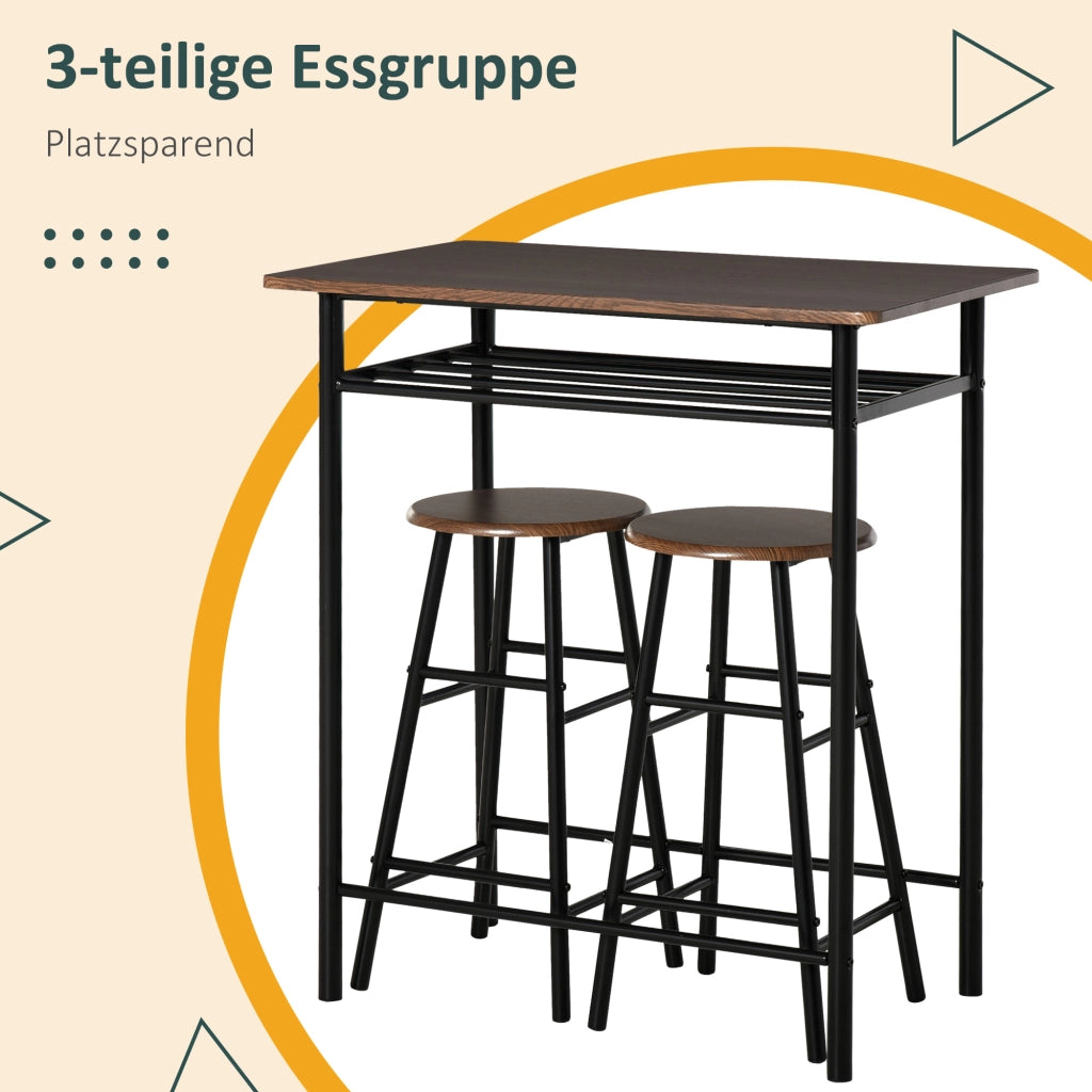 Tavolo da bar con 2 sgabelli e ripiano portaoggetti in MDF e metallo nero per cucina 80 × 50 × 90 cm casa