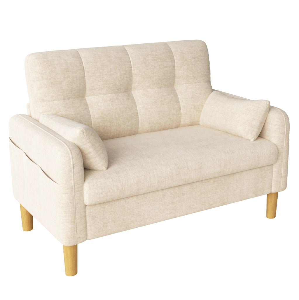 Divano a 2 posti moderno in tessuto chenille beige con cuscini e tasca laterale, 119x78x85 cm