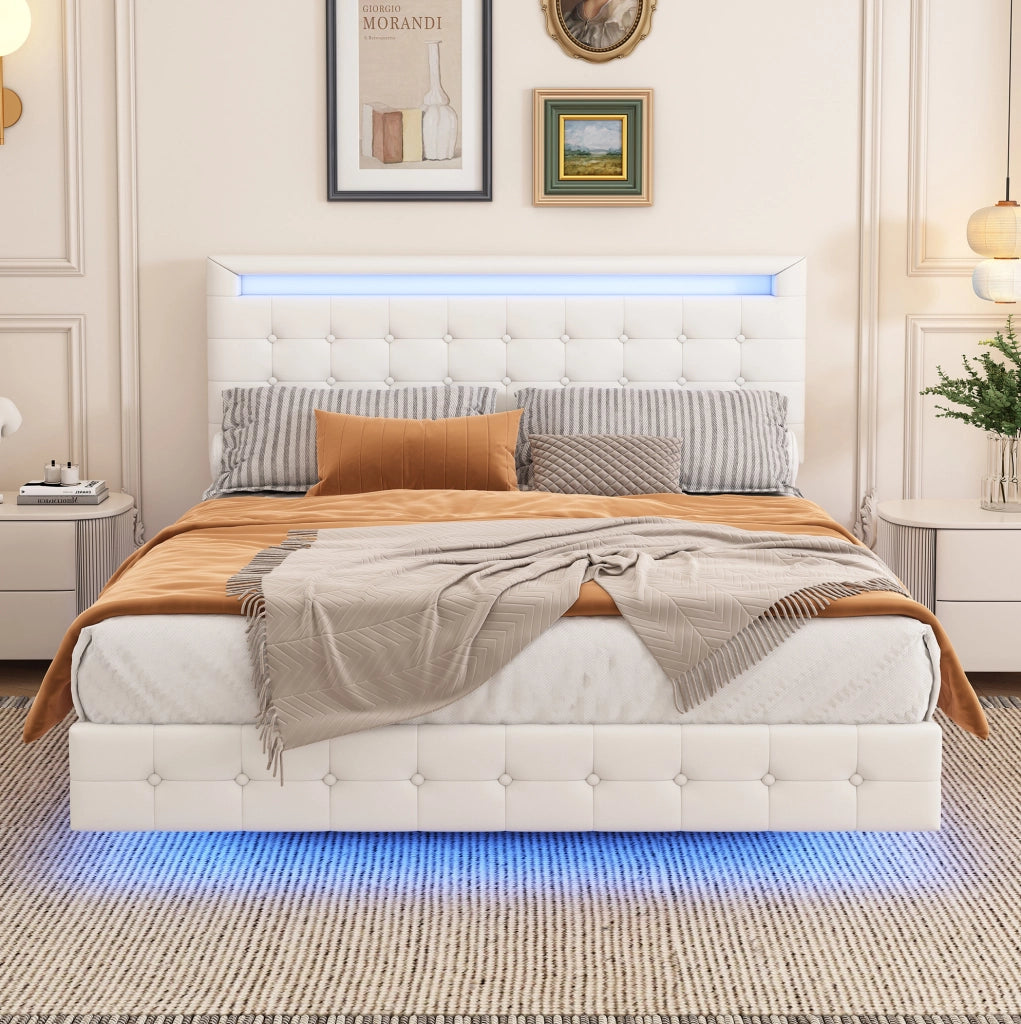 LETTO Flottante 140x200 cm in PU Bianco con LED e testiera regolabile
