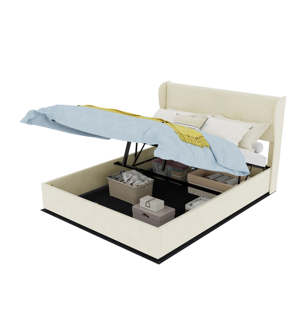 Letto Moderno Minimalista 140x200 cm Beige con Testiera Imbottita e Base Contenitore a Gas