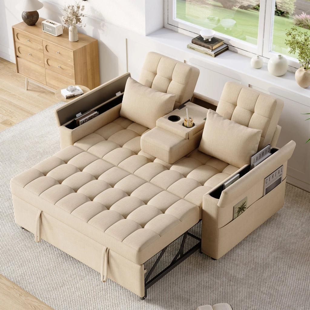 Divano letto 2 posti con schienale regolabile e vani portaoggetti beige
