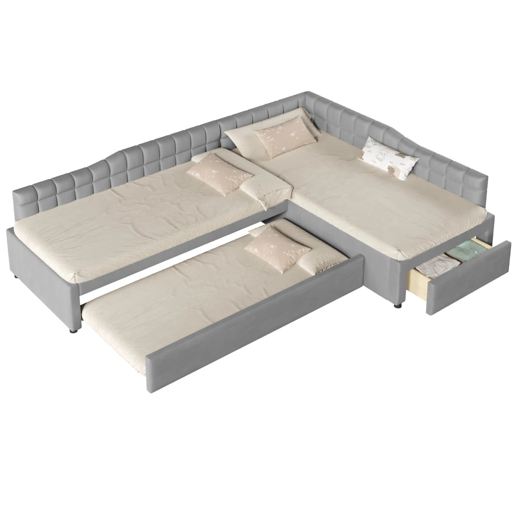Letto a L 90x200 cm con letto estraibile e cassetti in MDF grigio