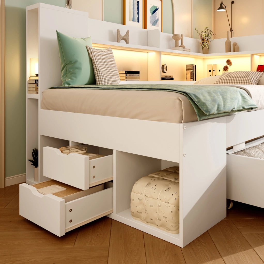 Letto da giorno 90x200 cm in MDF, truciolare e compensato bianco con LED, USB e cassetti