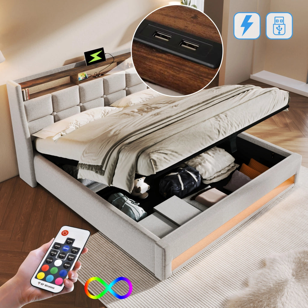 Letto contenitore 160 × 200 cm con LED e USB testiera imbottita rivestito in lino beige chiaro con rete a doghe
